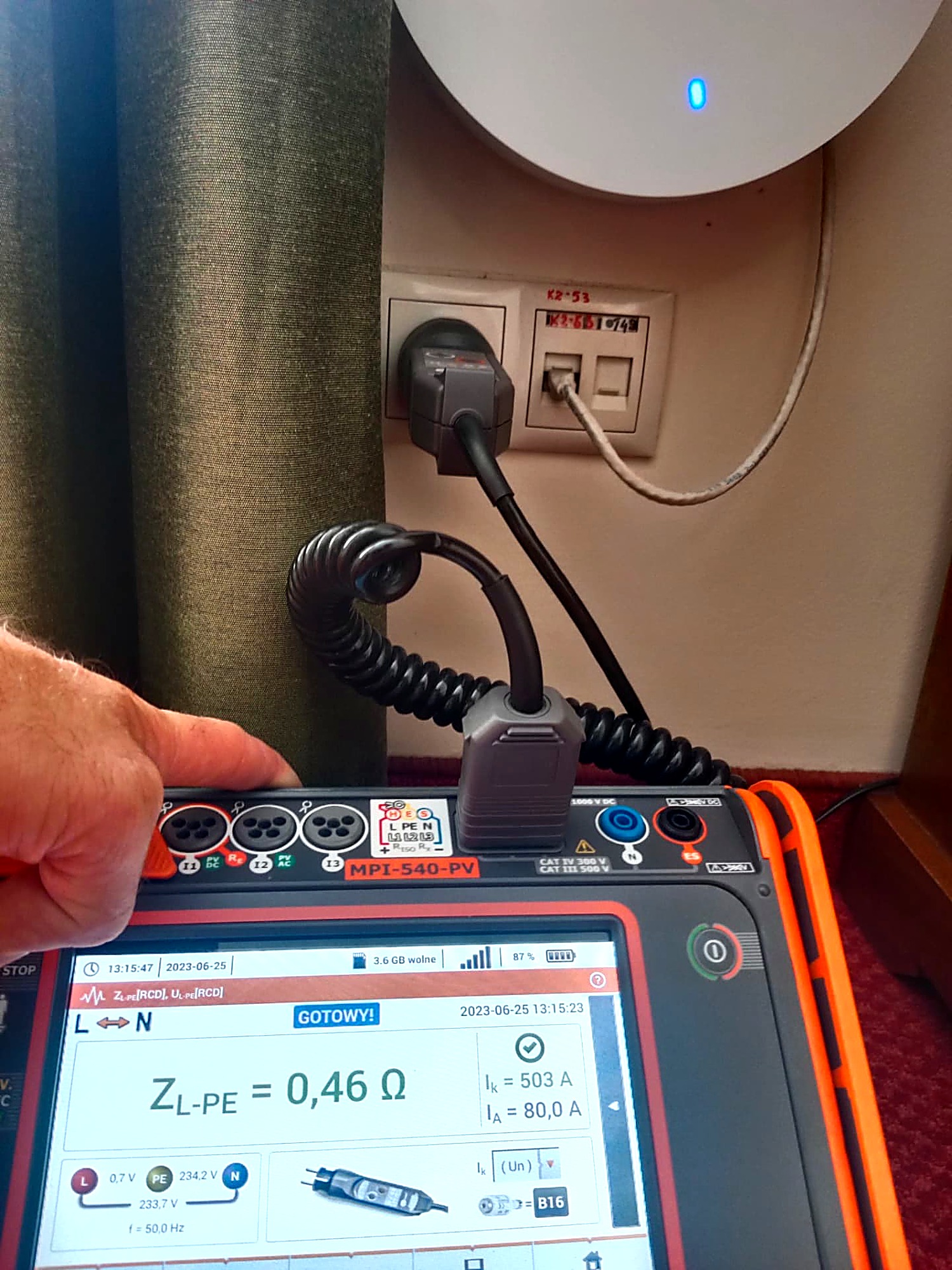 Pomiary elektryczne miernikiem MPI-540 — protokół odbiorczy instalacji